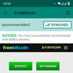 FreeBitco.in BitBot Synchronizer - úspěšně synchronizovaný účet