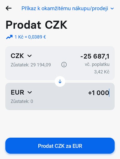 Revolut směna z CZK na EUR napište částku klikněte prodat